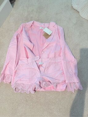 These Three Boutique Forte Pink Linen Blend Set with Eyelet Trim